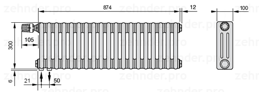 Схема (чертеж) Радиатор Zehnder Charleston 3030/19 №V001 Белый глянцевый RAL 9016